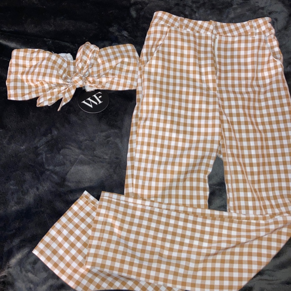 White Fox Tan Plaid Pant Set